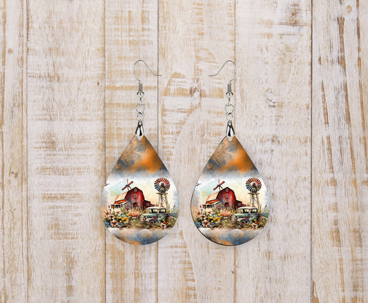 Country Farmhouse Tear Drop Dangle Printed Earrings Jewelry Handmade