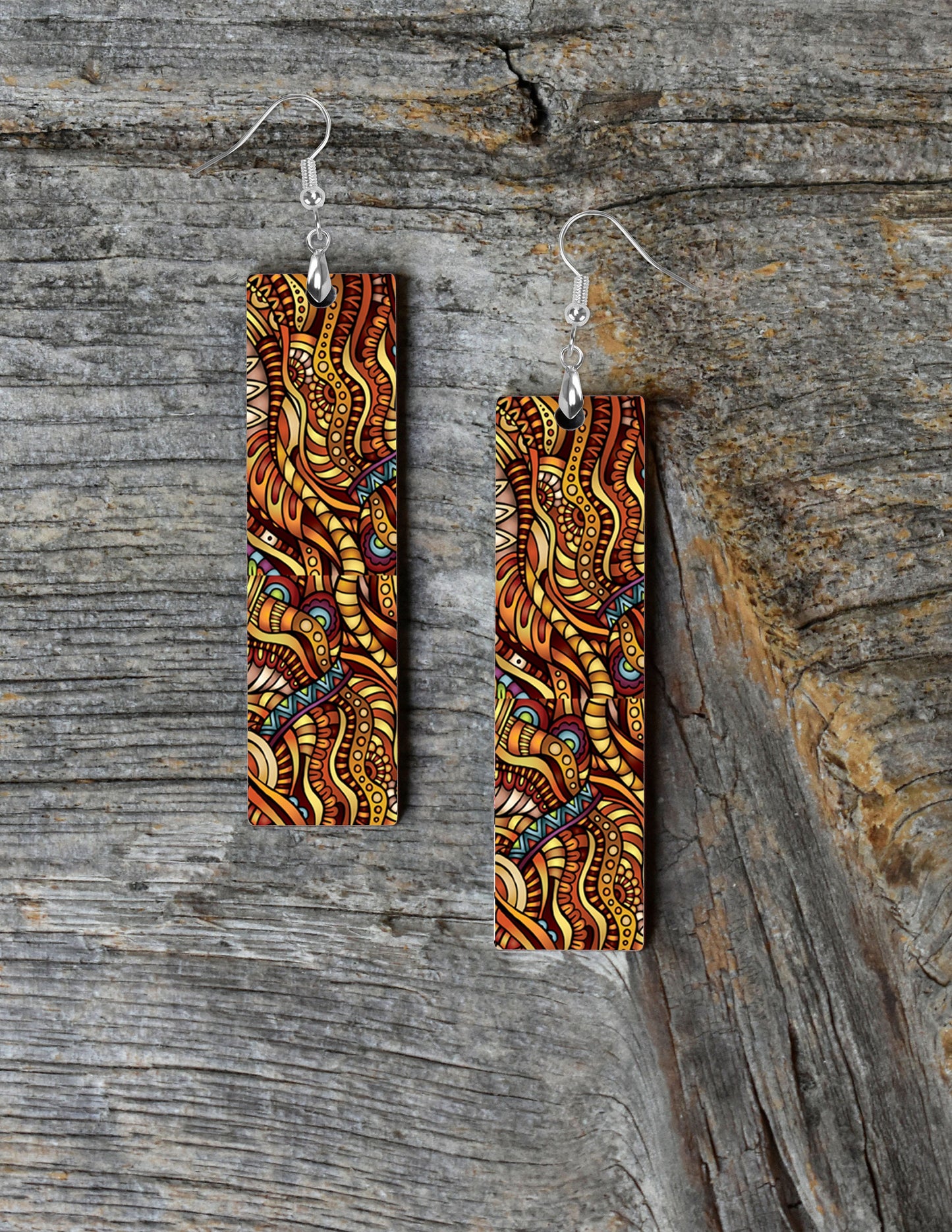 Earth Waves Printed Wood Dangle Earrings Hypoallergenic Jewelry Handmade