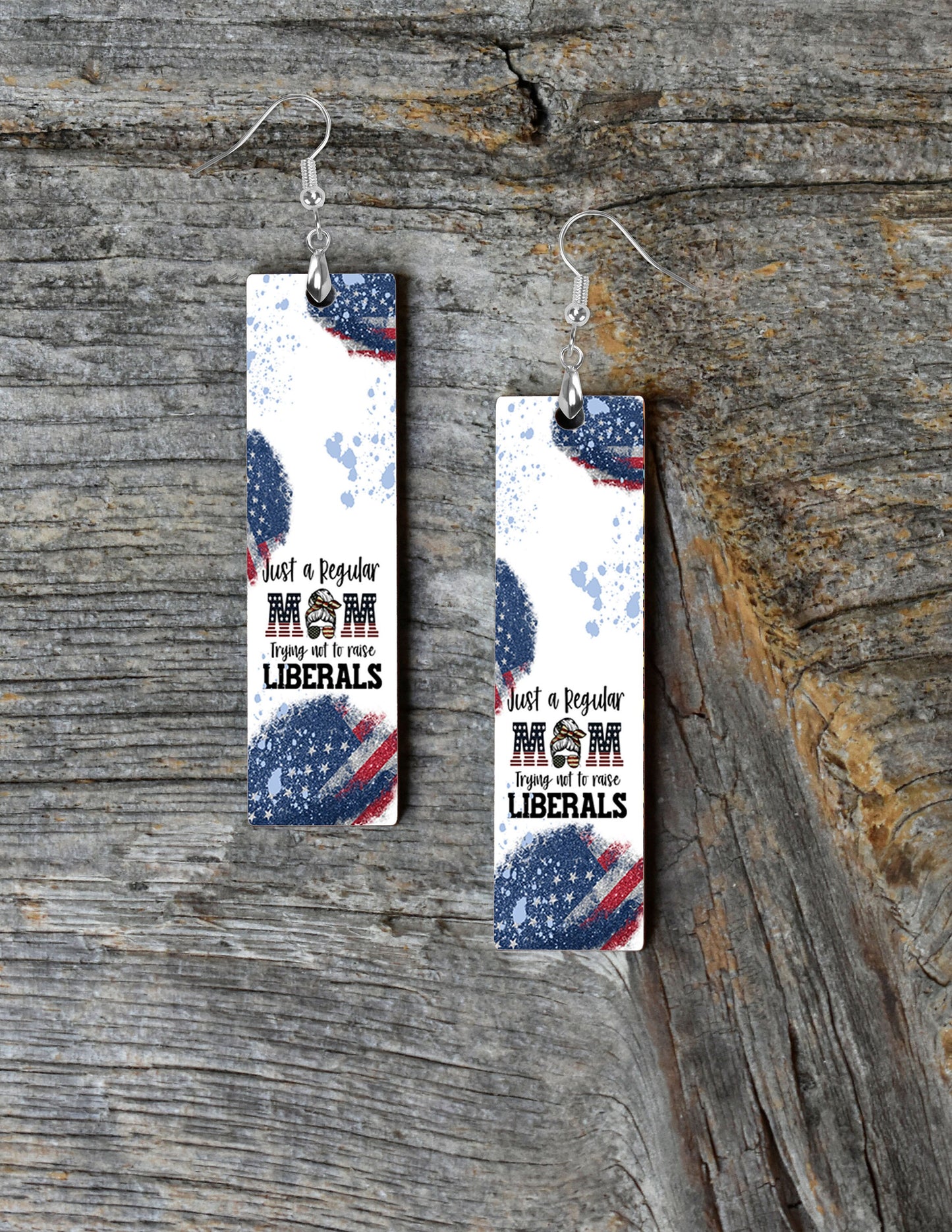 Just a Regular Mom Trying Not to Raise Liberals Printed Wood Dangle Earrings Hypoallergenic Jewelry Handmade