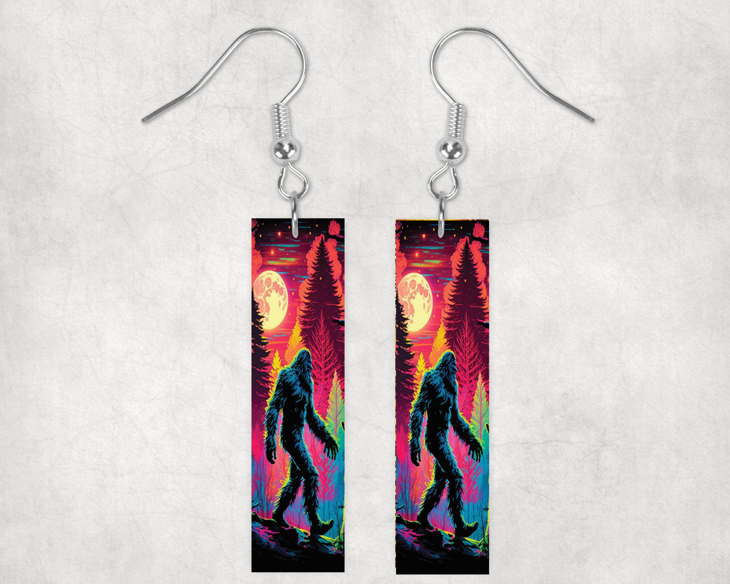 Neon Forest Bigfoot Printed Wood Dangle Earrings Hypoallergenic Jewelry Handmade