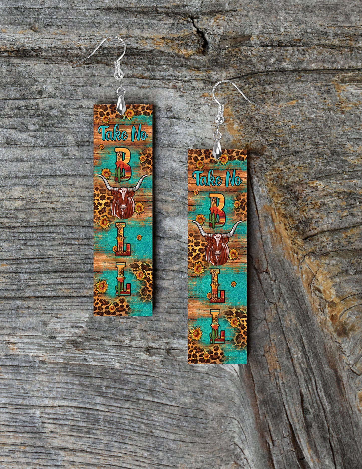 Western Take No Bull Printed Wood Dangle Earrings Hypoallergenic Jewelry Handmade