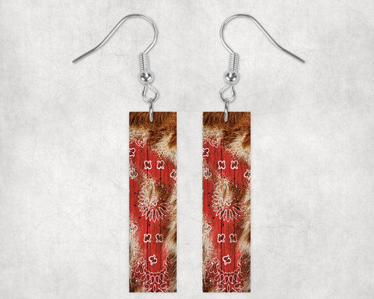 Earrings, Red Bandana and Cowhide Western Bar Dangle Printed Earrings Jewelry Handmade