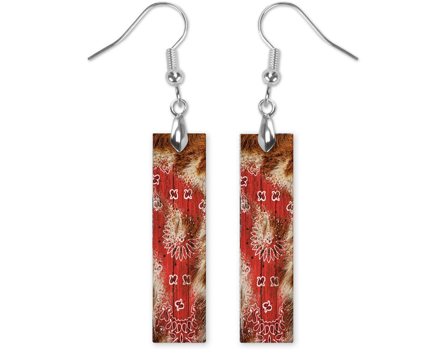 Earrings, Red Bandana and Cowhide Western Bar Dangle Printed Earrings Jewelry Handmade