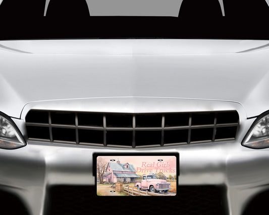 Vanity License Plate, Pink Real Girls Drive Trucks Printed Aluminum Front License Plate, Car Accessory, Vanity Plate, Car Tag