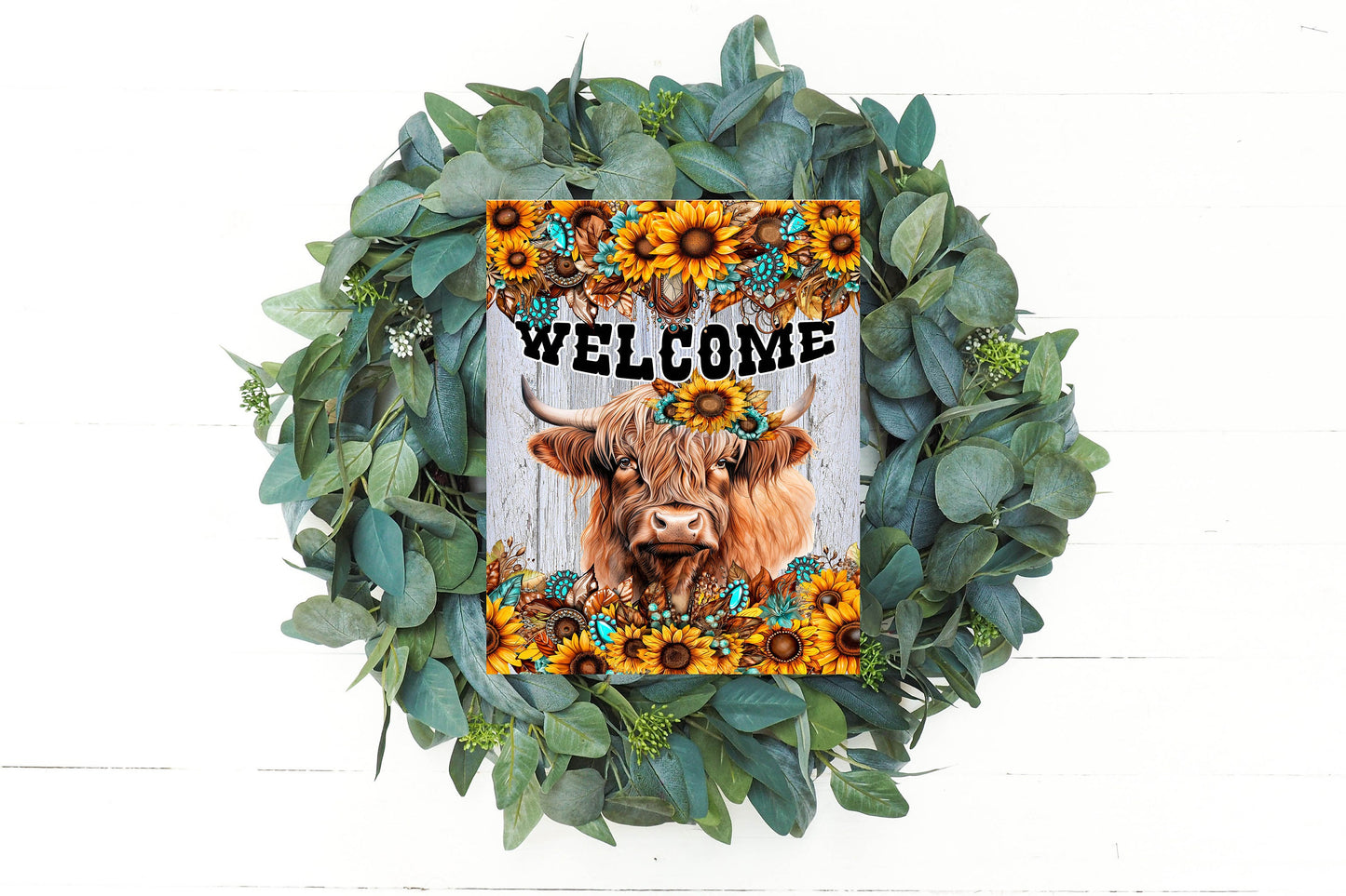 Western Welcome Sign Highland Cow Turquoise and sunflower Welcome Hanging Wall Sign Wood Home Decor, Door Hanger, Wreath Sign