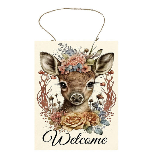 Wall Decor, Welcome Sign,  Boho Deer Welcome Farmhouse Decor Printed Handmade Wood Sign Door Hanger Sign