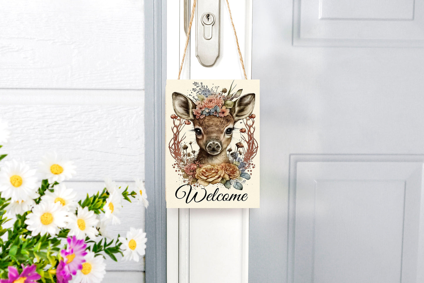 Wall Decor, Welcome Sign,  Boho Deer Welcome Farmhouse Decor Printed Handmade Wood Sign Door Hanger Sign