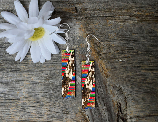 Western Earrings, Cowhide Serape Bar Dangle Printed Earrings Jewelry Handmade