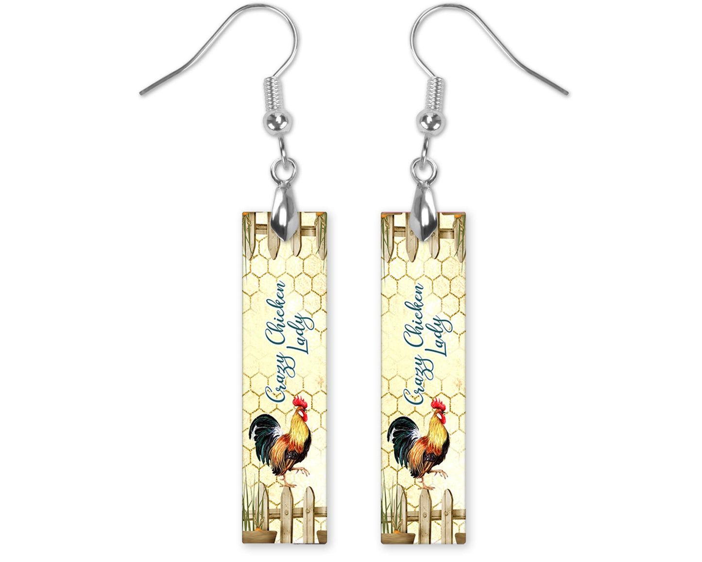 Western Earrings, Crazy Chicken Lady Bar Dangle Printed Earrings Jewelry Handmade