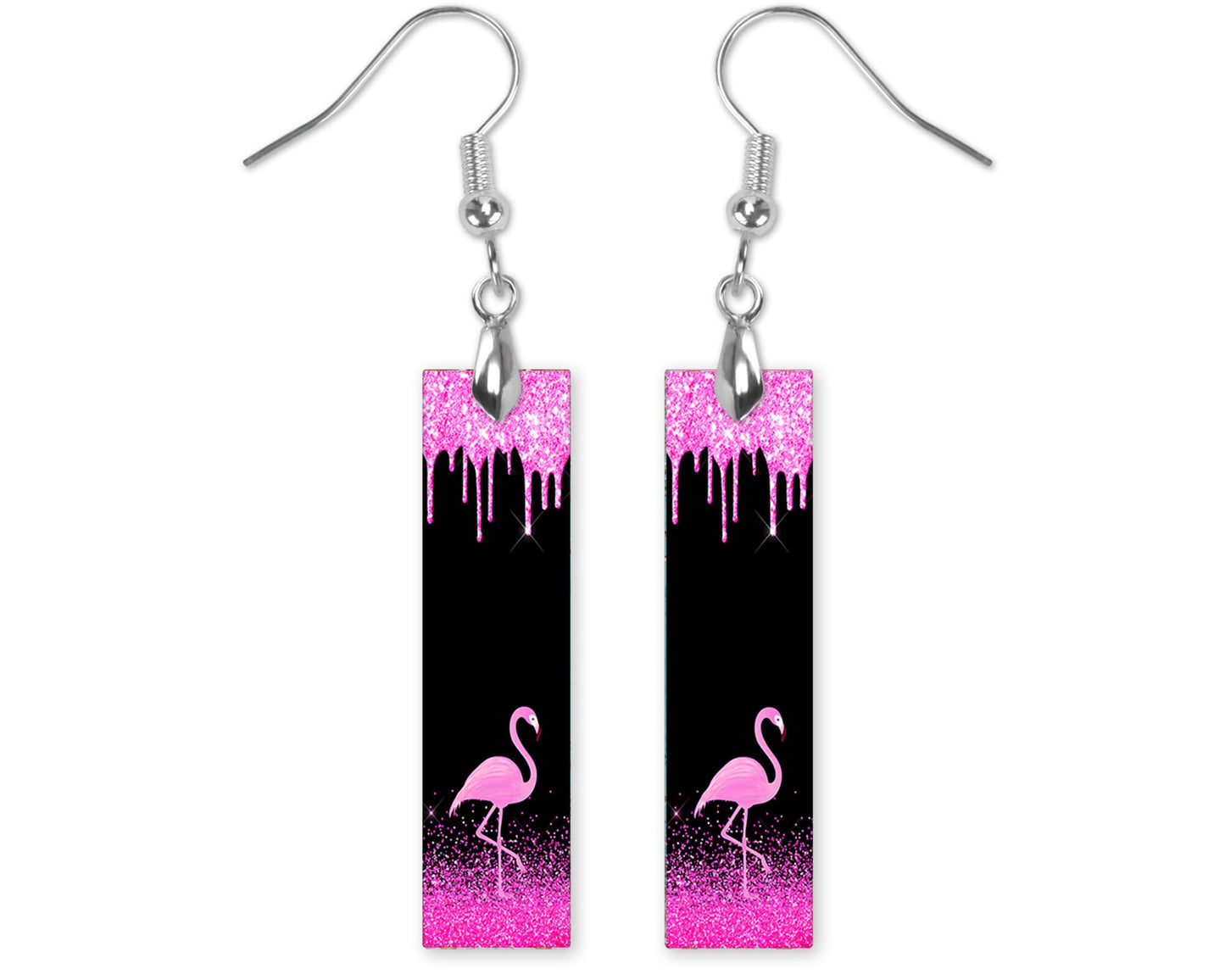 Earrings, Pink Flamingo Glitter Drip Bar Dangle Printed Earrings Jewelry Handmade