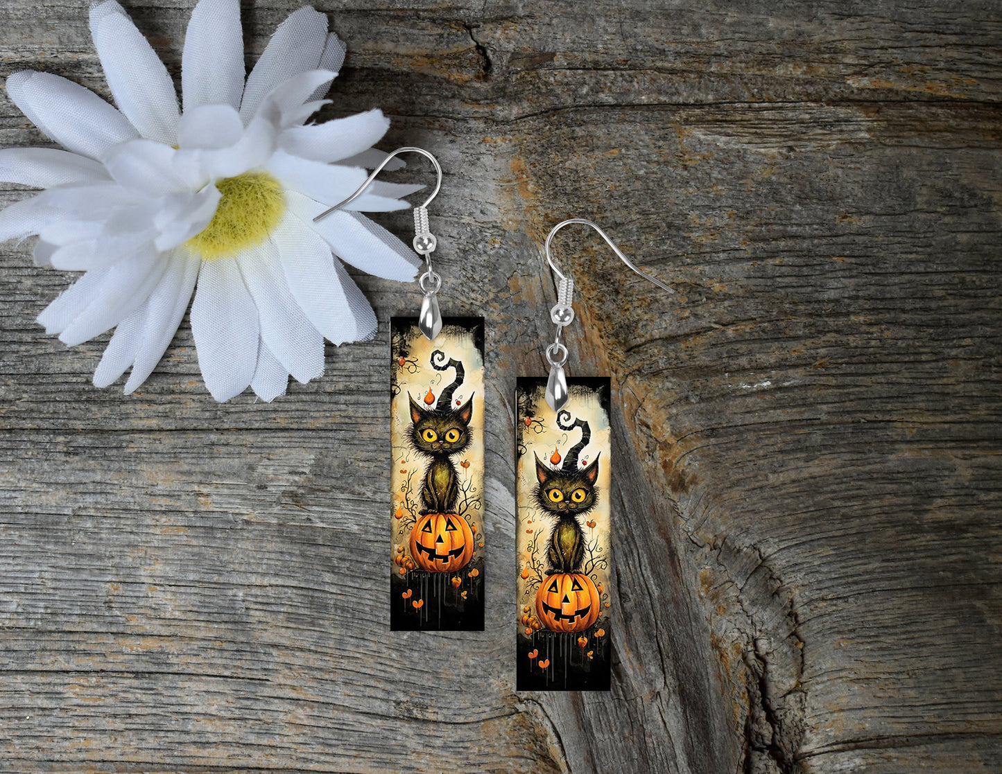 Black Cat and Pumpkins Halloween Printed Wood Dangle Earrings Hypoallergenic Jewelry Handmade