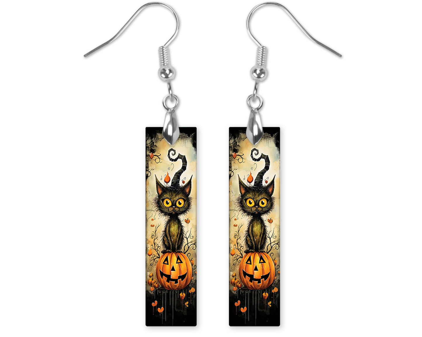 Black Cat and Pumpkins Halloween Printed Wood Dangle Earrings Hypoallergenic Jewelry Handmade