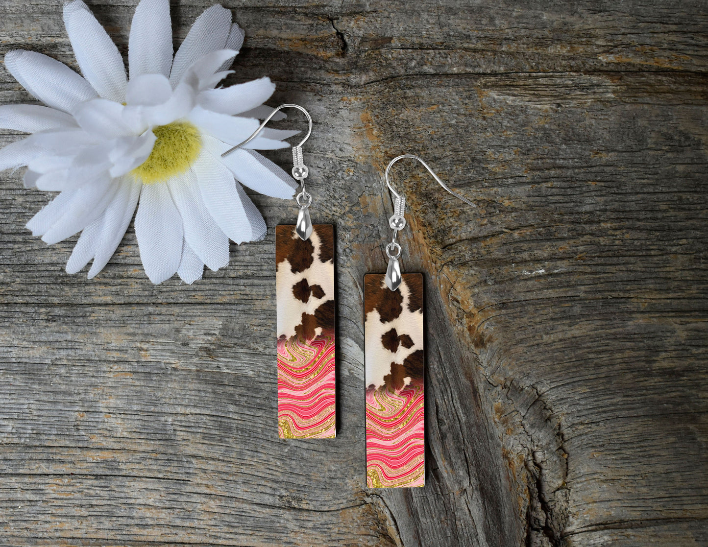 Earrings Western Cowhide and Pink Swirl Printed Wood Dangle Earrings Hypoallergenic Jewelry Handmade