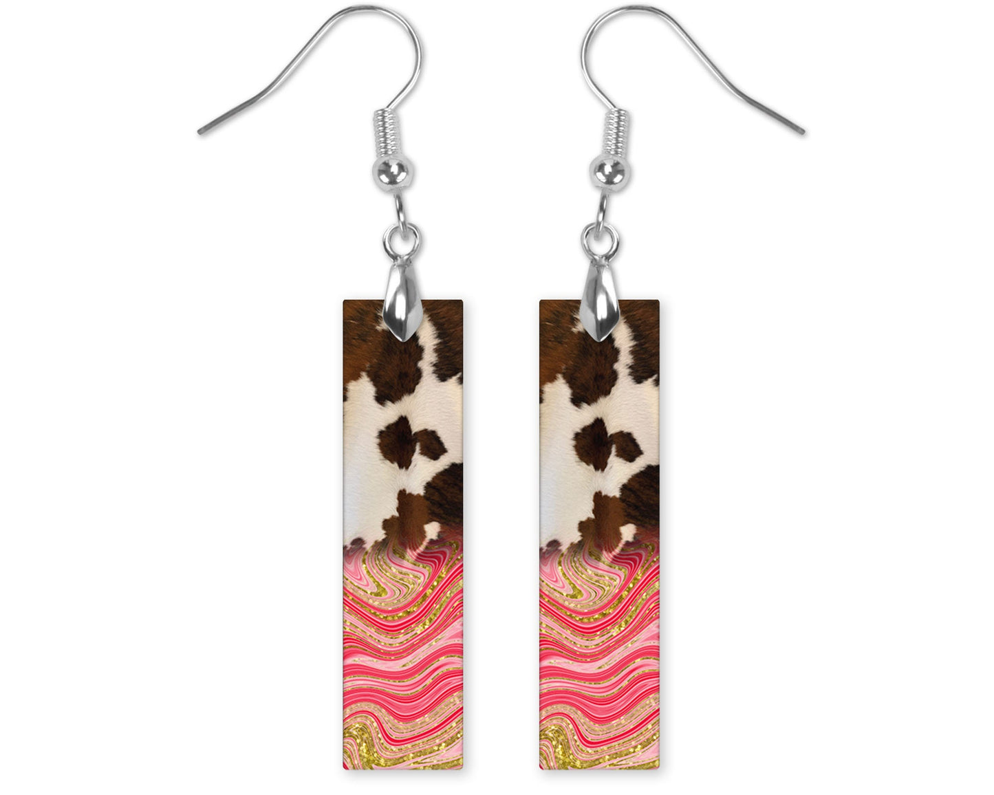 Earrings Western Cowhide and Pink Swirl Printed Wood Dangle Earrings Hypoallergenic Jewelry Handmade