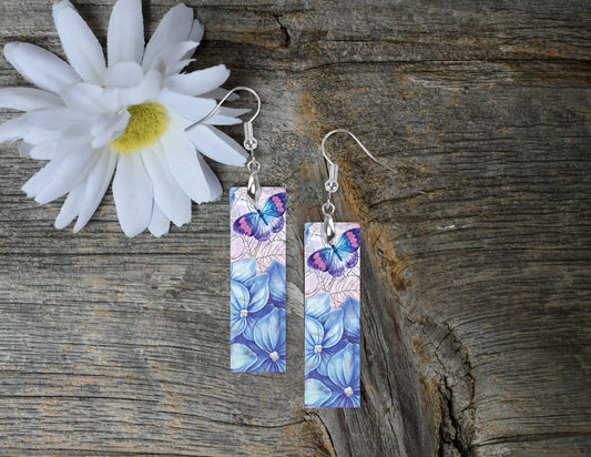 Earrings Hydrangea and Butterfly Printed Wood Dangle Earrings Hypoallergenic Jewelry Handmade