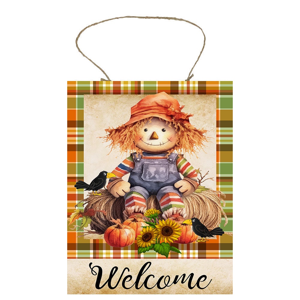 Fall Decor, Fall Sign, Scarecrow Welcome Farmhouse Decor Printed Handmade Wood Sign Door Hanger Sign