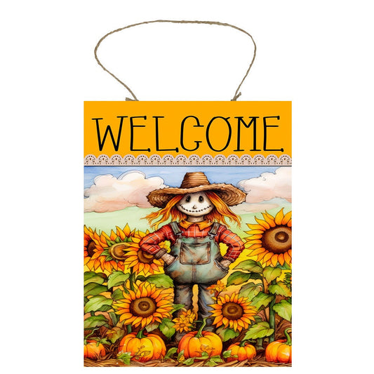 Fall Decor, Fall Sign, Sunflower Fields Scarecrow Welcome Farmhouse Decor Printed Handmade Wood Sign Door Hanger Sign