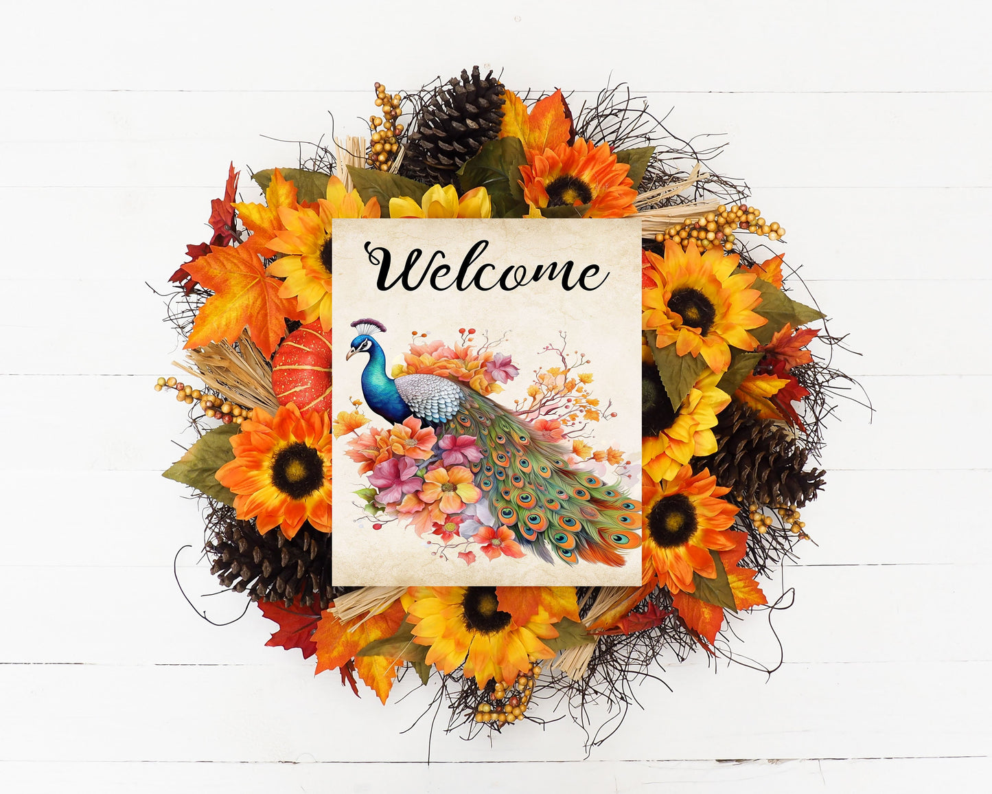 Fall Decor, Fall Sign, Welcome Fall Peacock Farmhouse Decor Printed Handmade Wood Sign Door Hanger Sign