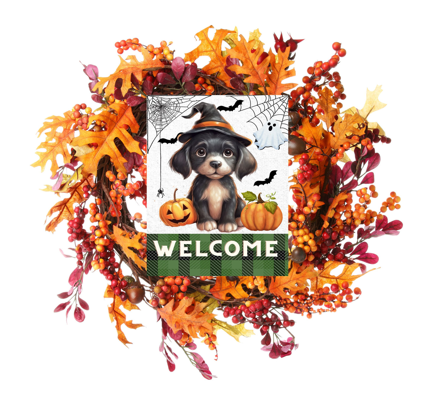 Halloween Decor, Halloween Sign, Welcome Halloween Puppy Farmhouse Decor Printed Handmade Wood Sign Door Hanger Sign