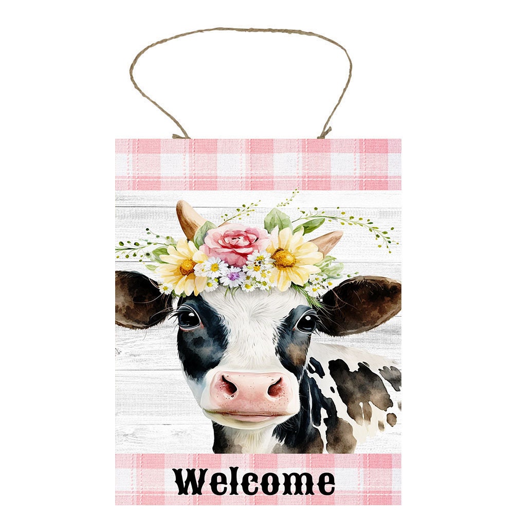 Wall Decor, Welcome Sign,  Welcome Cow Pink Plaid Farmhouse Decor Printed Handmade Wood Sign Door Hanger Sign