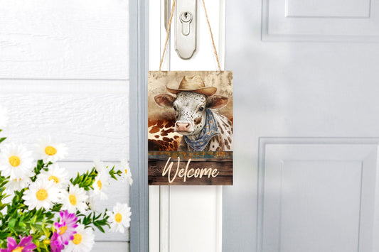 Western Wall Decor, Welcome Sign,  Cowboy Cow Welcome Farmhouse Decor Printed Handmade Wood Sign Door Hanger Sign