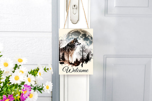 Western Welcome Sign, Welcome Full Moon Wolf Hanging Wall Sign Wood Home Decor, Door Hanger, Wreath Sign