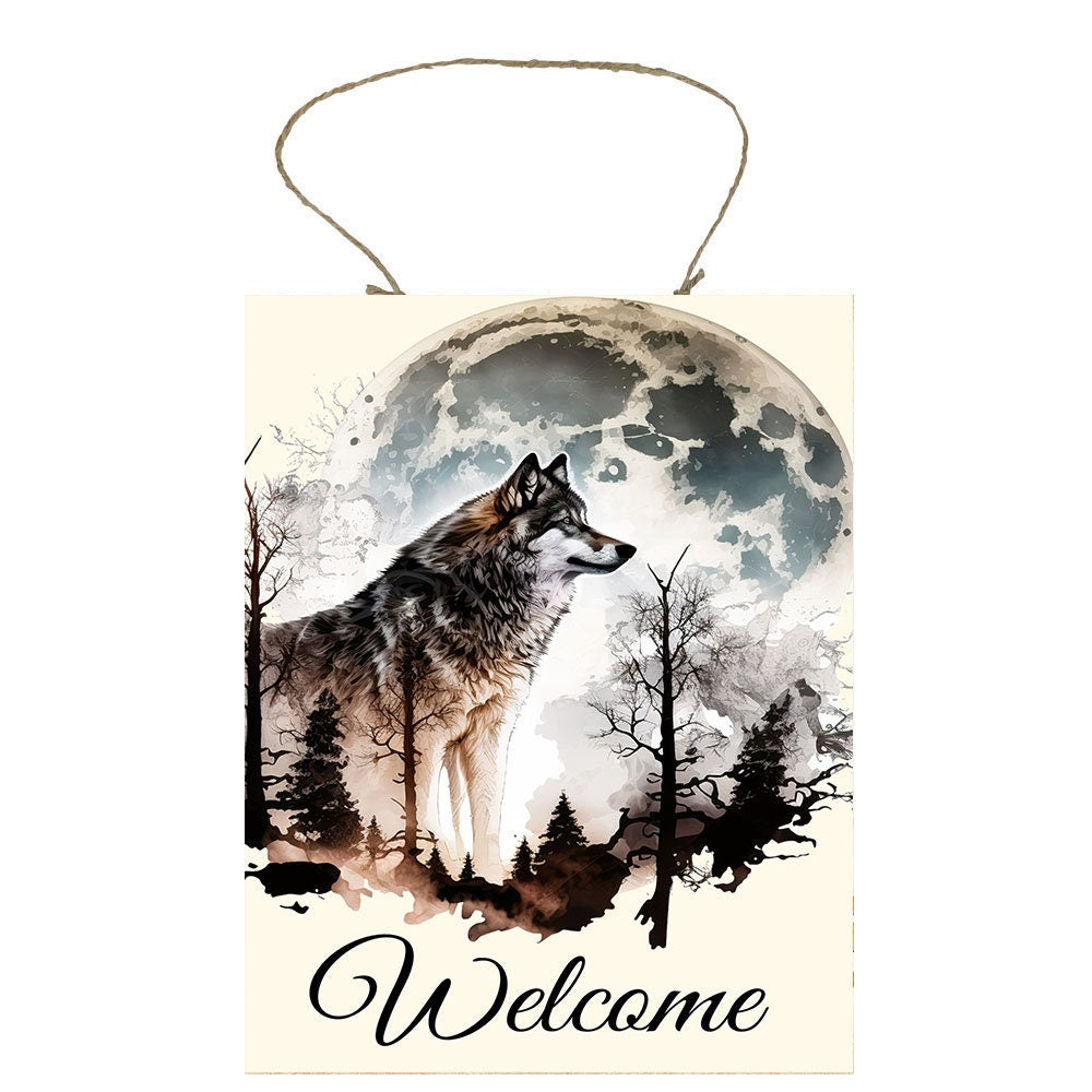 Western Welcome Sign, Welcome Full Moon Wolf Hanging Wall Sign Wood Home Decor, Door Hanger, Wreath Sign