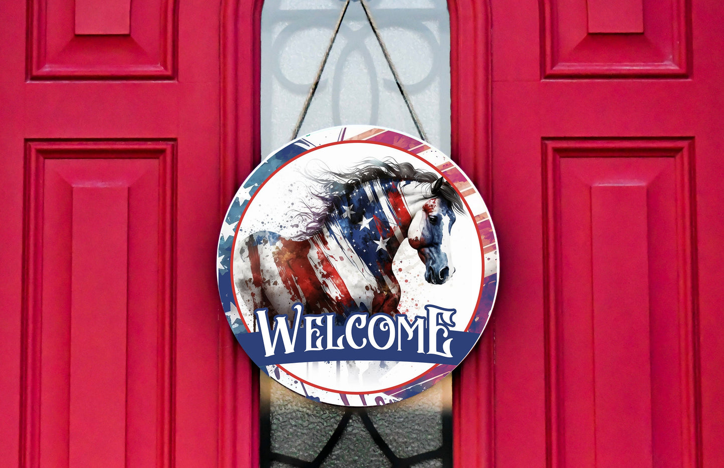 Welcome Sign, Red White and Blue Horse Welcome Round Printed Handmade Wood Sign Farmhouse Door Hanger Wreath Sign, Western Decor