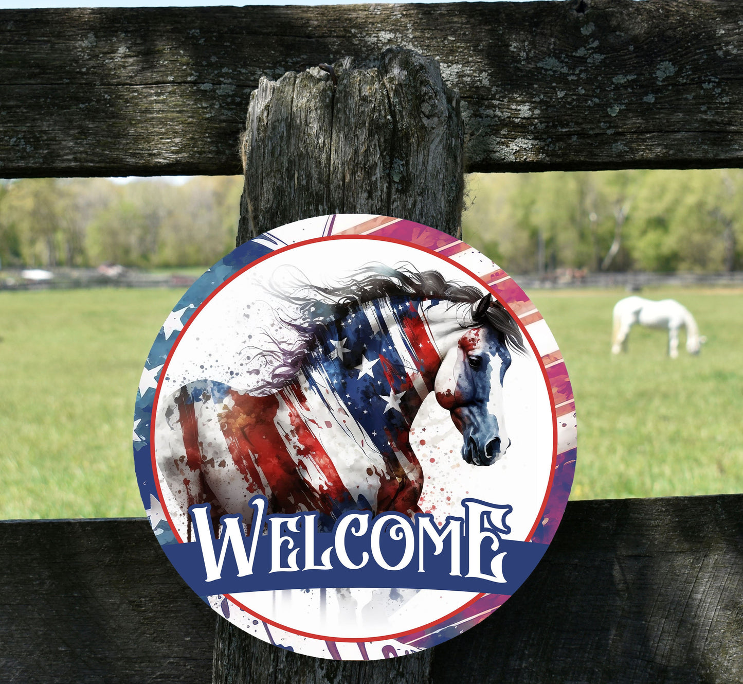 Welcome Sign, Red White and Blue Horse Welcome Round Printed Handmade Wood Sign Farmhouse Door Hanger Wreath Sign, Western Decor