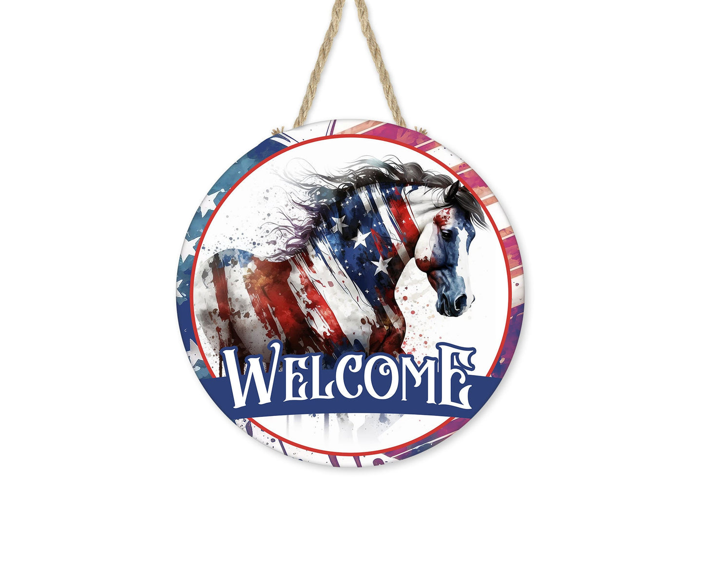 Welcome Sign, Red White and Blue Horse Welcome Round Printed Handmade Wood Sign Farmhouse Door Hanger Wreath Sign, Western Decor