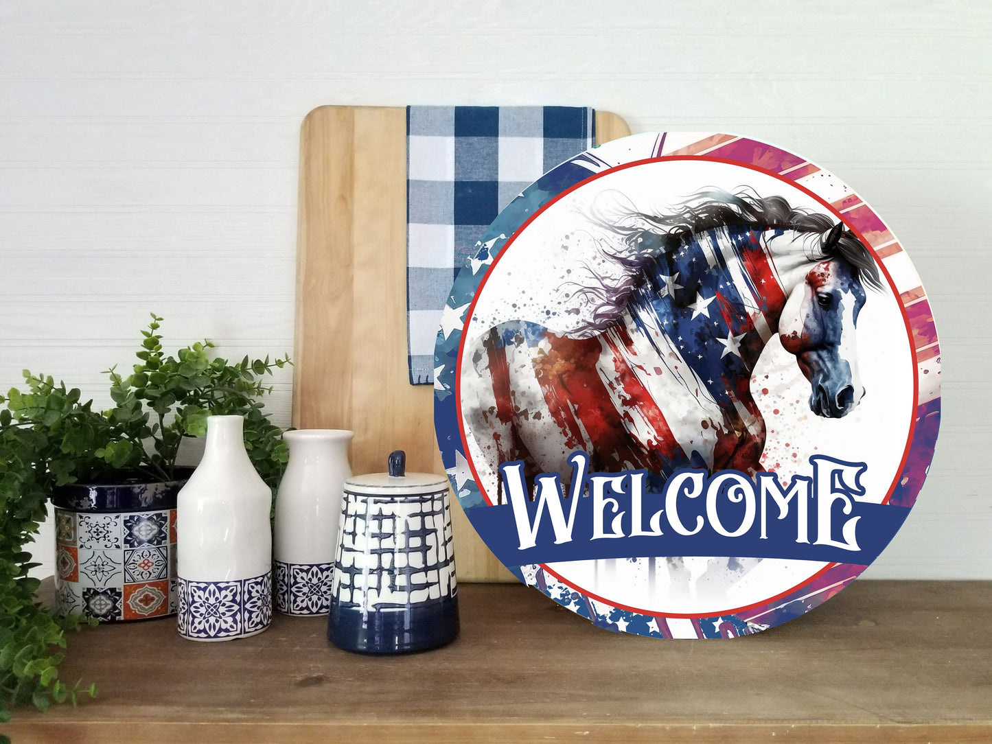 Welcome Sign, Red White and Blue Horse Welcome Round Printed Handmade Wood Sign Farmhouse Door Hanger Wreath Sign, Western Decor