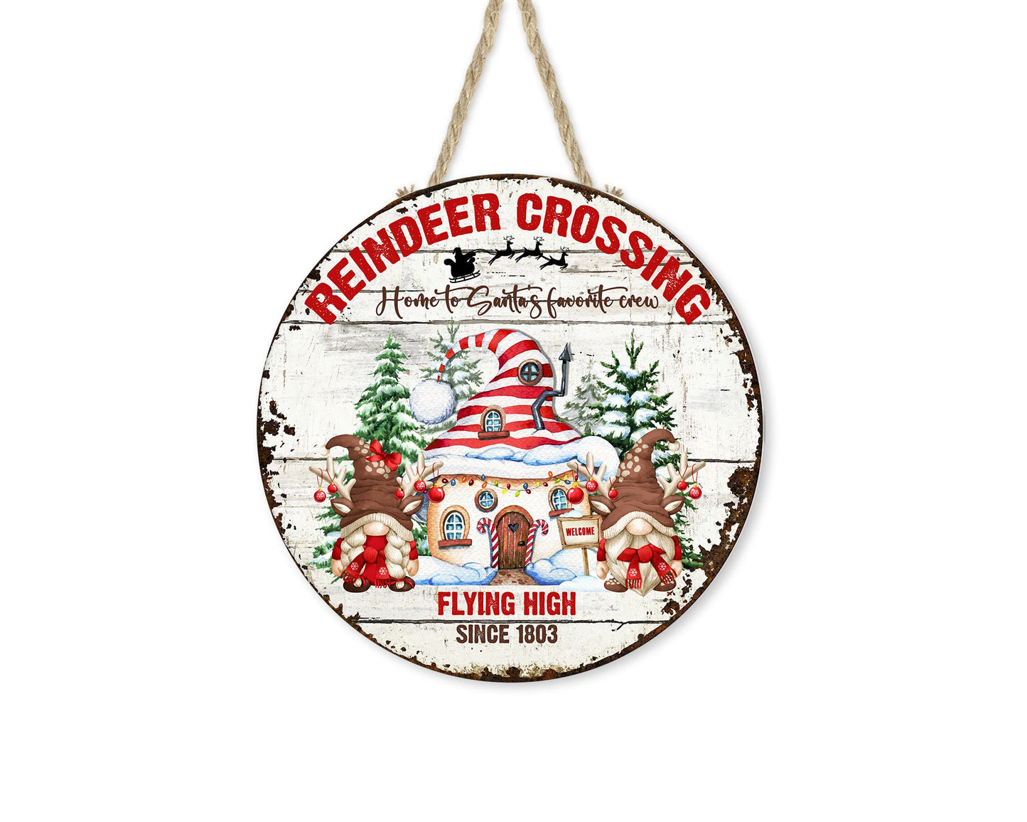 Reindeer Crossing Christmas Round Printed Handmade Wood Sign Farmhouse Door Hanger Wreath Sign