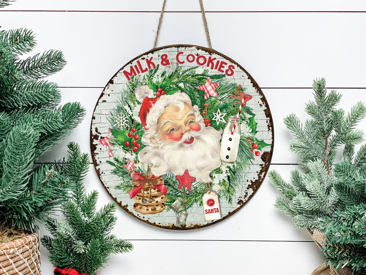 Santa Milk and Cookies Christmas Round Printed Handmade Wood Sign Farmhouse Door Hanger Wreath Sign