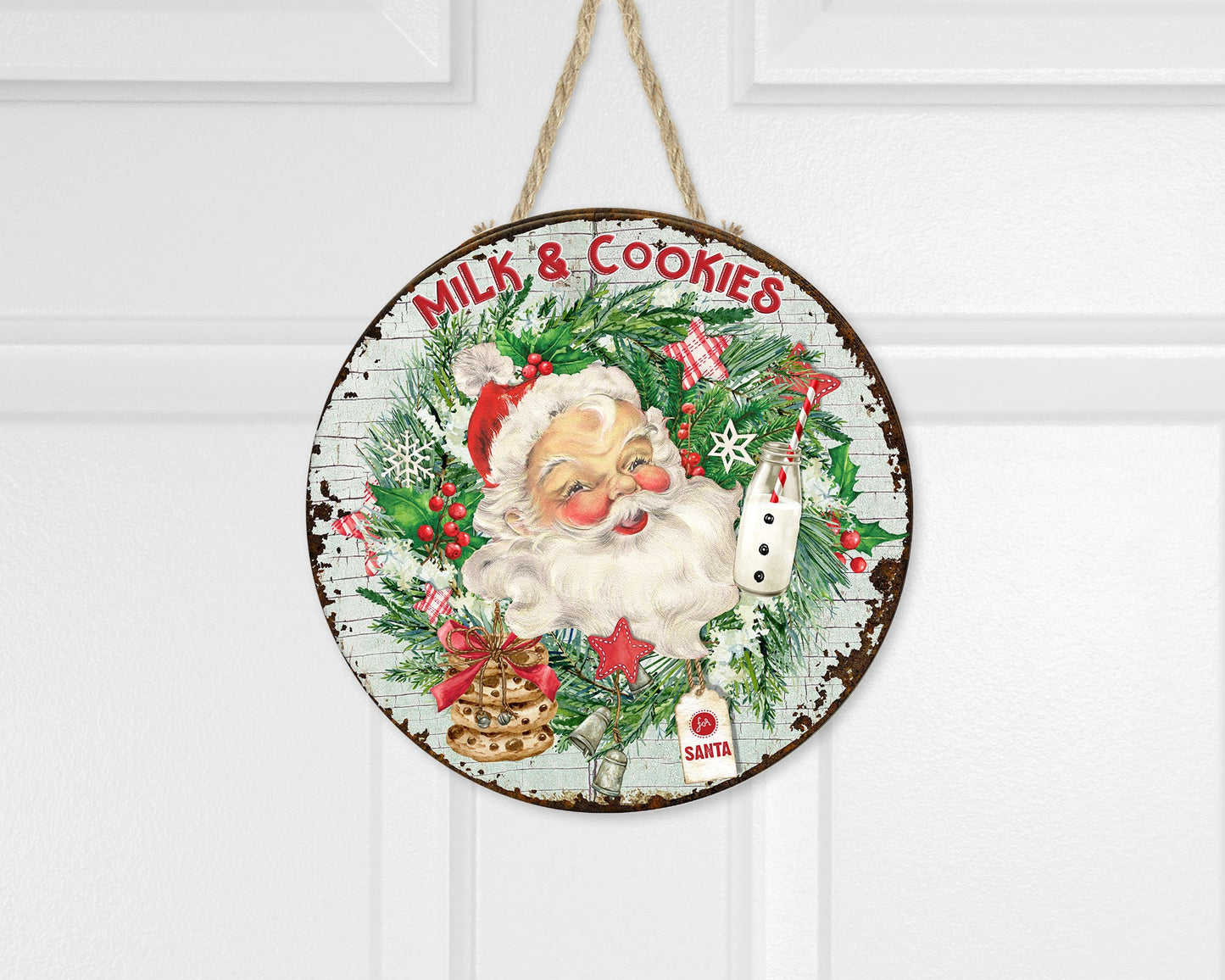 Santa Milk and Cookies Christmas Round Printed Handmade Wood Sign Farmhouse Door Hanger Wreath Sign