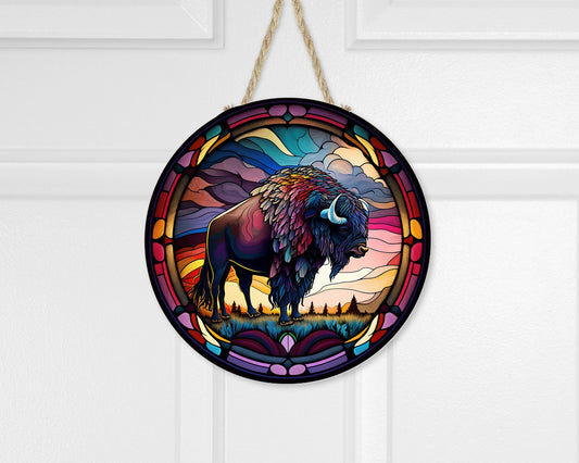 Western Welcome Sign, Faux Stain Glass Buffalo Welcome Round Printed Wood Sign Farmhouse Door Hanger Wreath Sign, Western Decor