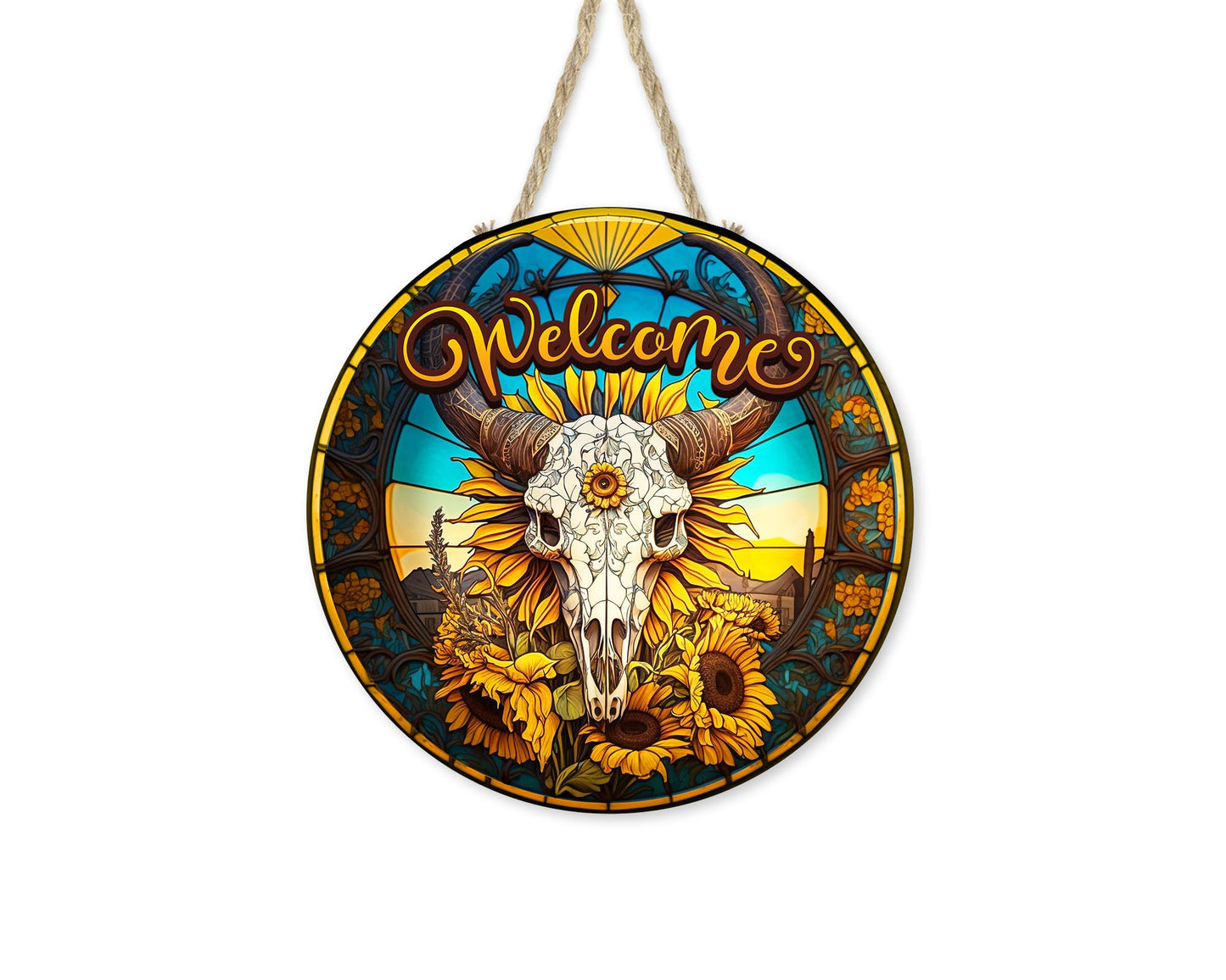 Western Welcome Sign, Faux Stain Glass Cow Skull and Sunflowers Round Wood Sign Farmhouse Door Hanger Wreath Sign, Western Decor