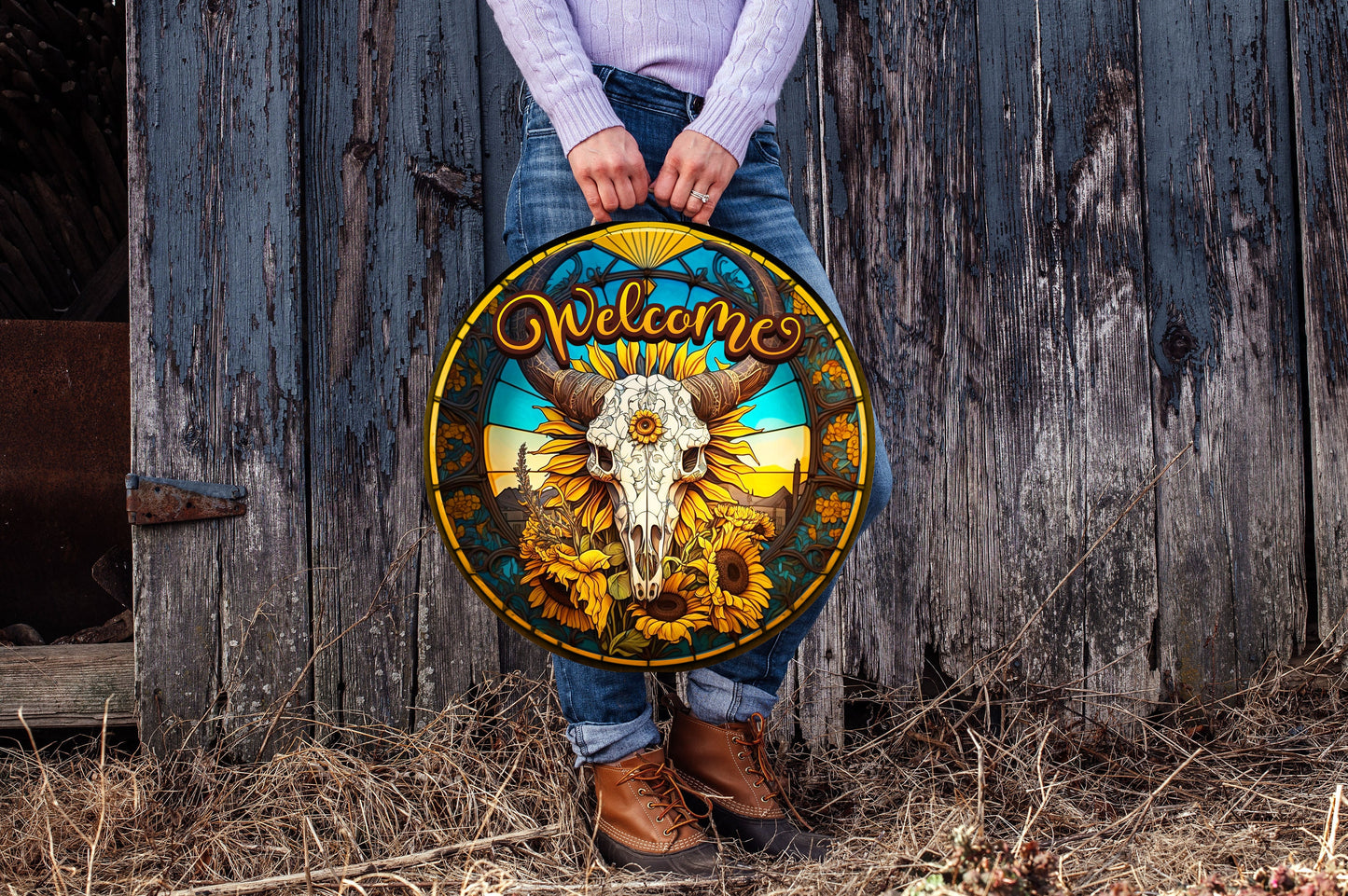 Western Welcome Sign, Faux Stain Glass Cow Skull and Sunflowers Round Wood Sign Farmhouse Door Hanger Wreath Sign, Western Decor