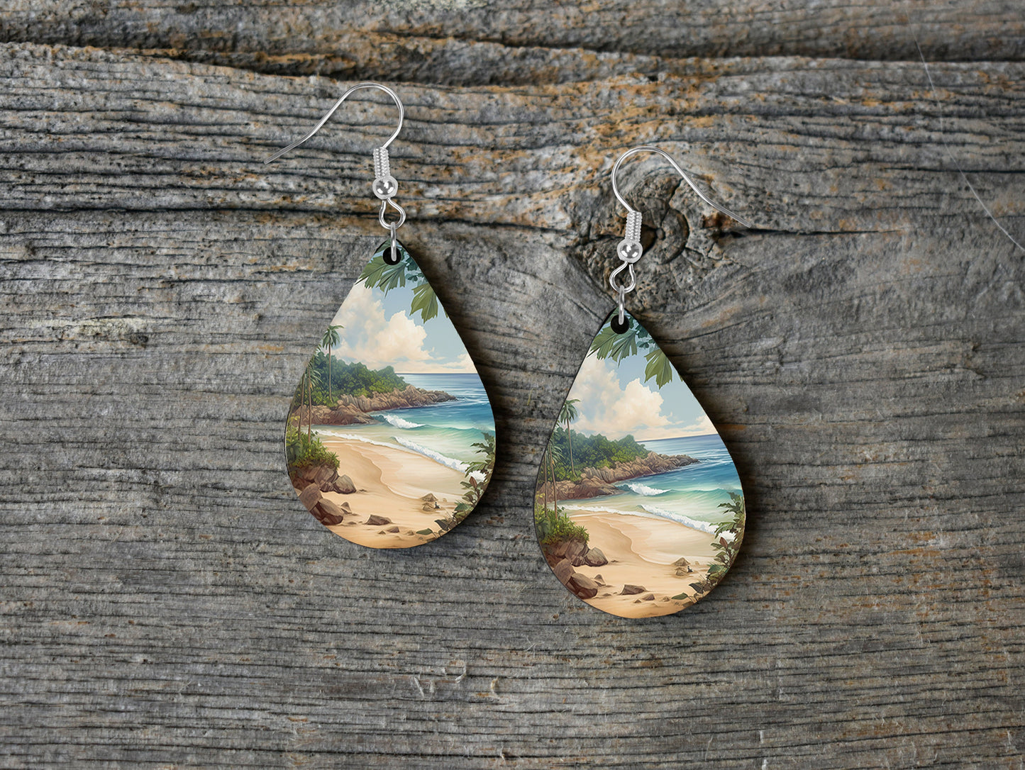 Coastal Earrings, Beach Coastline Tear Drop Dangle Printed Earrings Jewelry Handmade