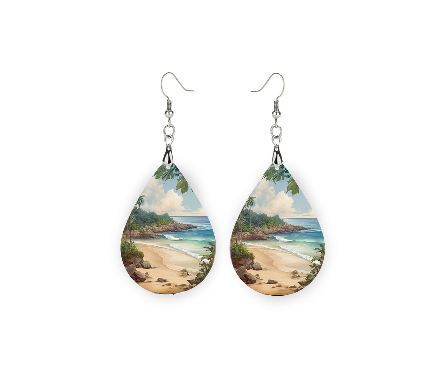 Coastal Earrings, Beach Coastline Tear Drop Dangle Printed Earrings Jewelry Handmade