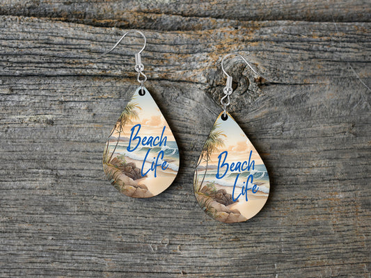 Beach Earrings, Beach Life Coastal Print Tear Drop Wood Dangle Earrings Hypoallergenic Jewelry