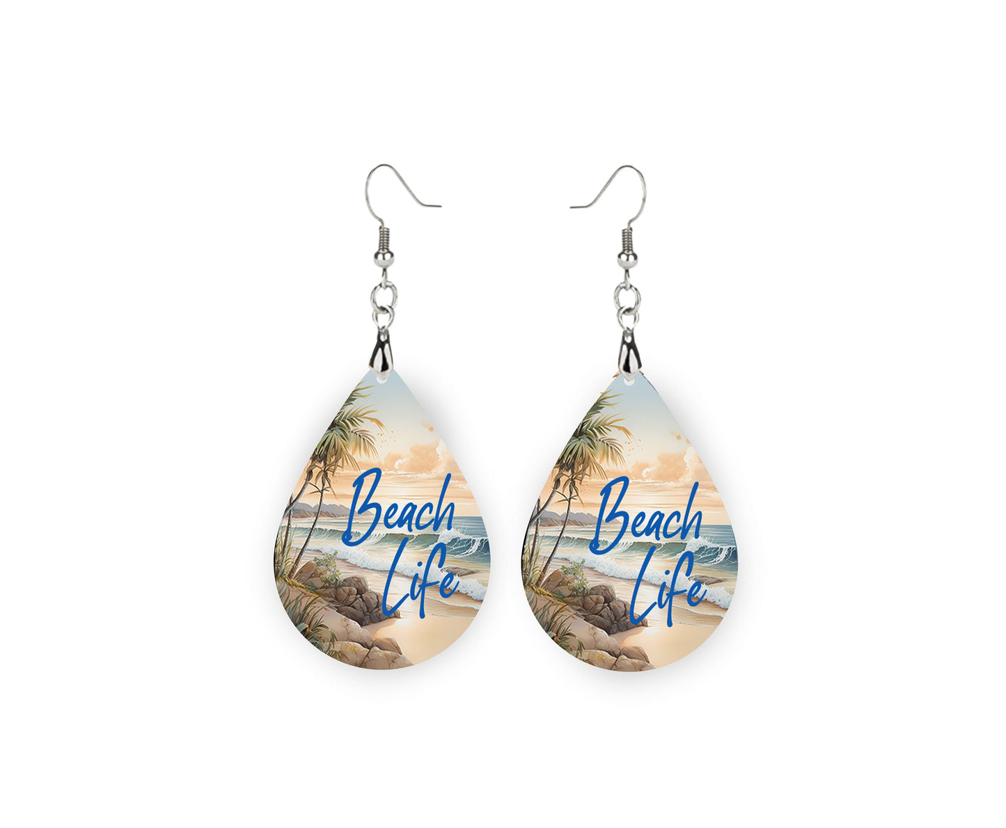 Beach Earrings, Beach Life Coastal Print Tear Drop Wood Dangle Earrings Hypoallergenic Jewelry