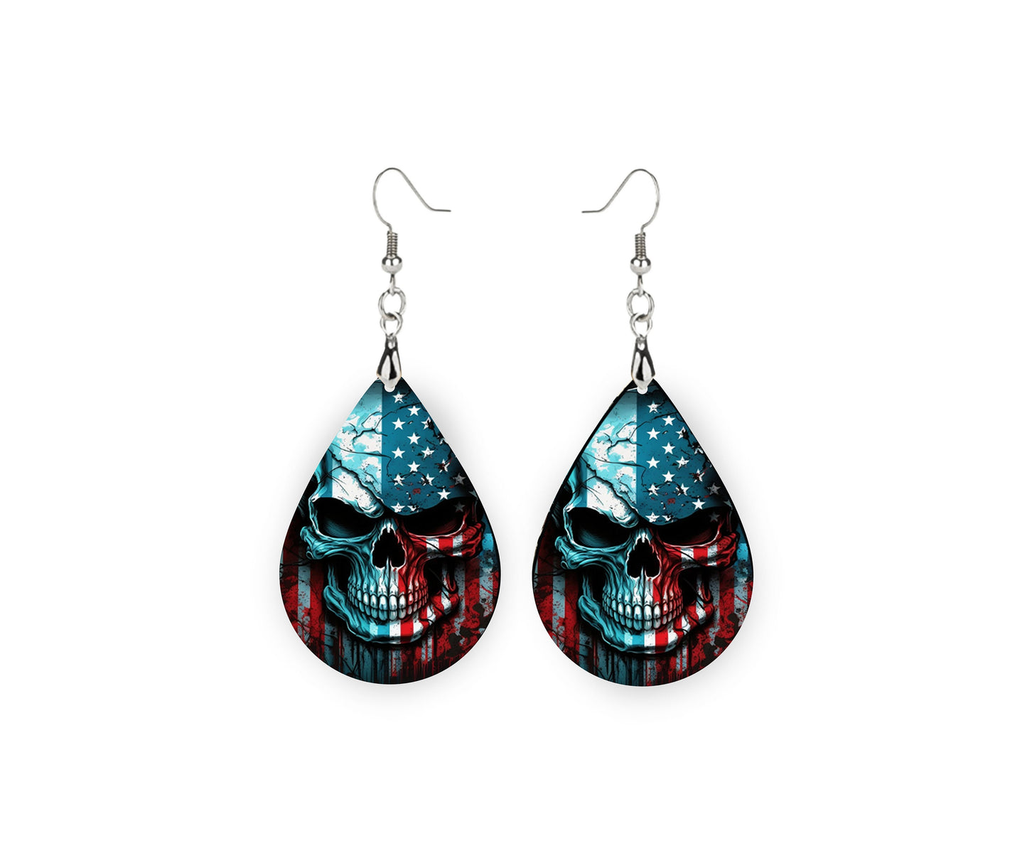 American Flag Skull Earrings Print Tear Drop Wood Dangle Earrings Hypoallergenic Jewelry