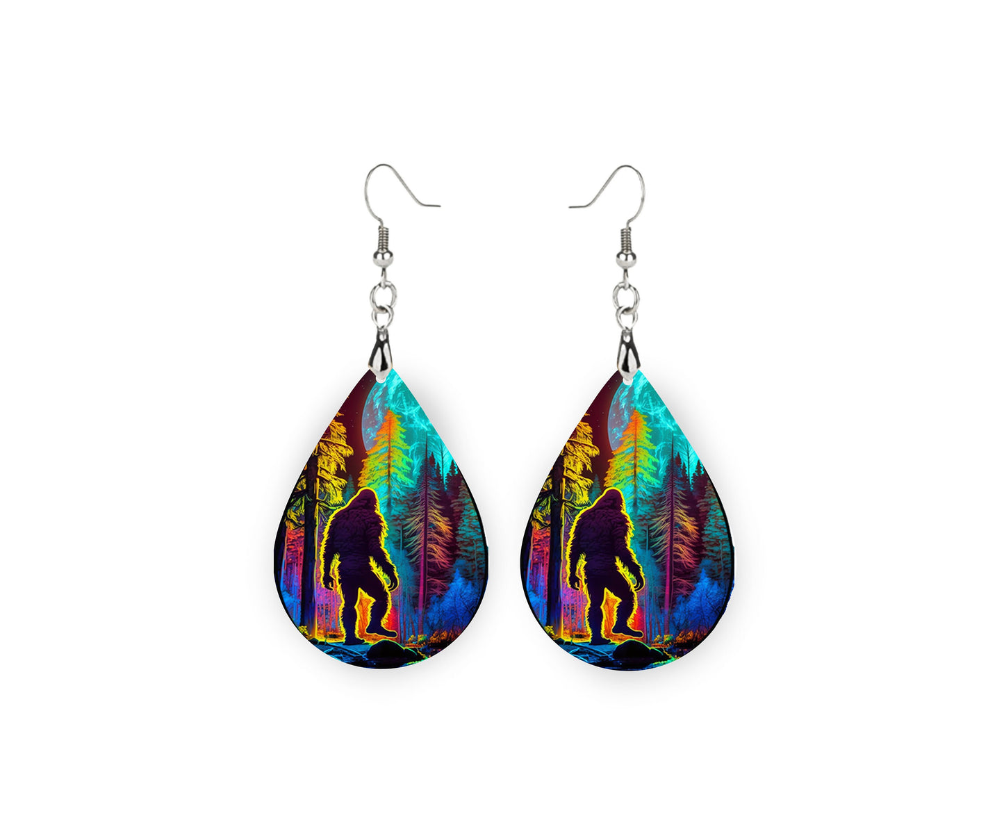 Full Moon Bigfoot Earrings Print Tear Drop Wood Dangle Earrings Hypoallergenic Jewelry