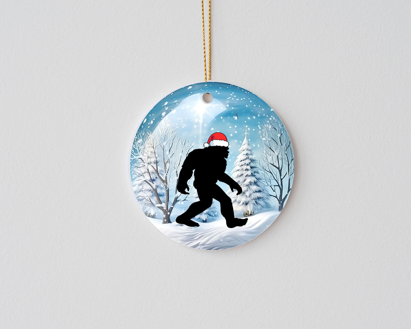 Christmas Ornament, Bigfoot in Snowy Forest Ceramic Christmas Ornament