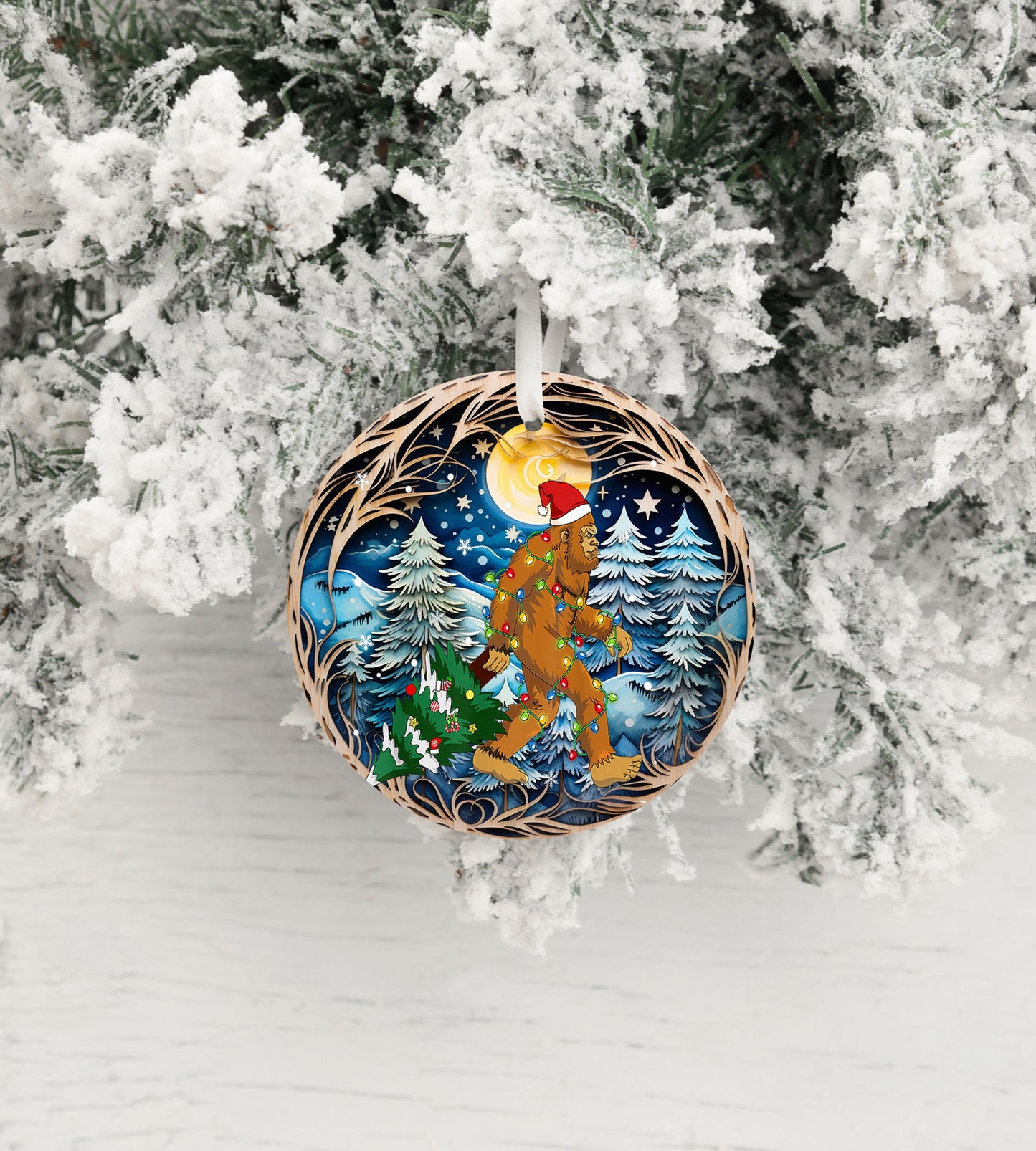 Christmas Ornament, Bigfoot Christmas Forest with Full Moon Ceramic Christmas Ornament, Christmas Decorations