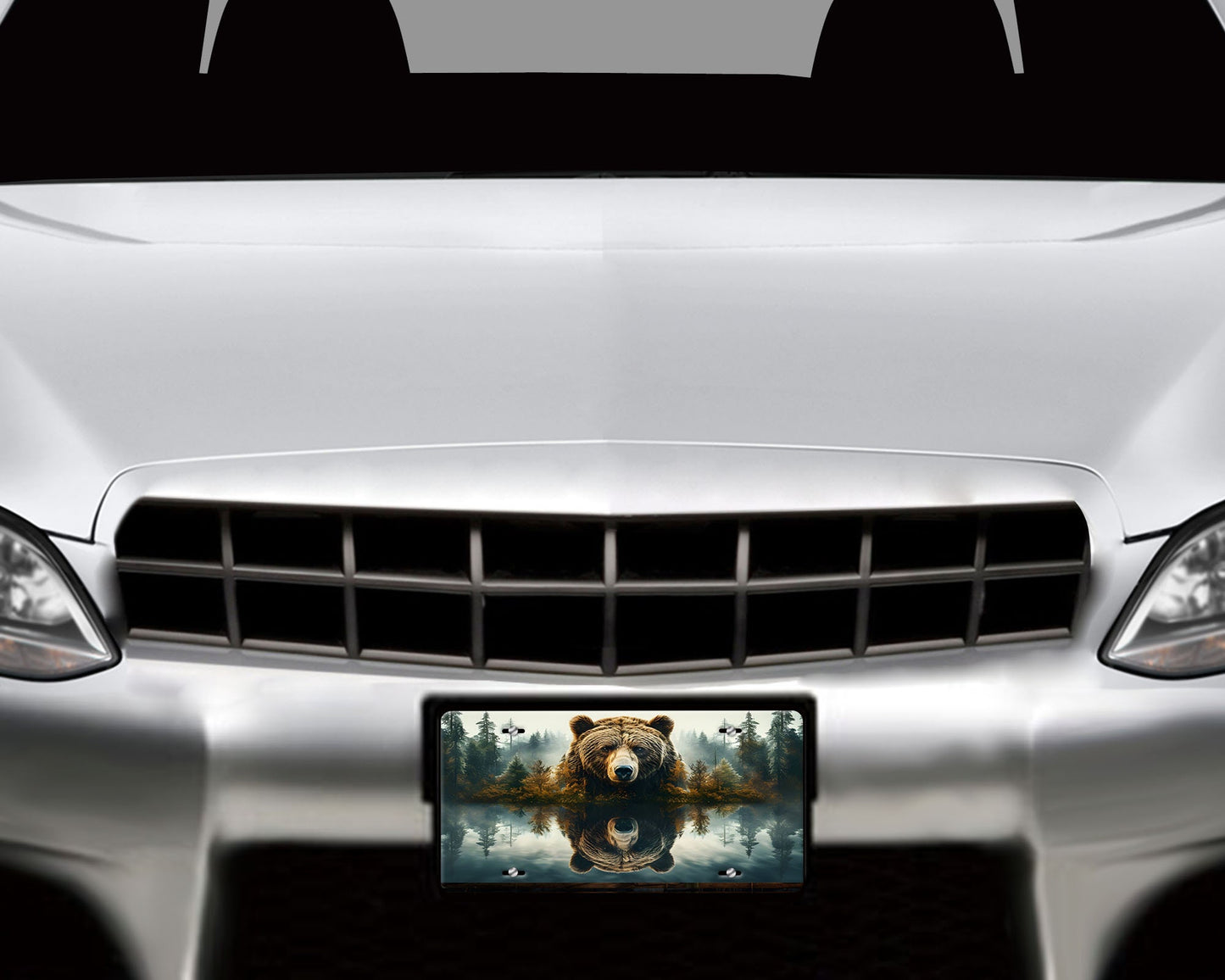 Vanity Front License Plate, Bear Reflection Aluminum Vanity License Plate Car Accessory Decorative Front Plate