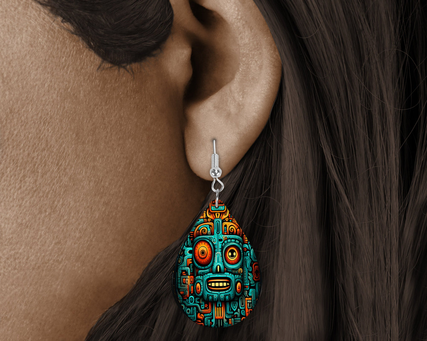 Aztec Totem Tribal Pattern Earrings Print Tear Drop Wood Dangle Earrings Hypoallergenic Jewelry Western Earrings