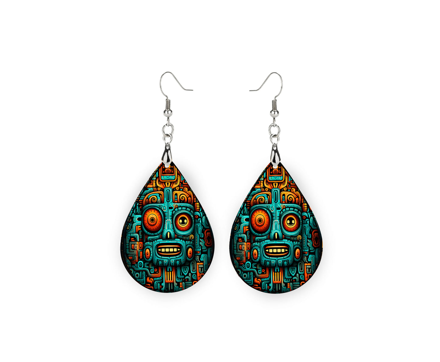 Aztec Totem Tribal Pattern Earrings Print Tear Drop Wood Dangle Earrings Hypoallergenic Jewelry Western Earrings