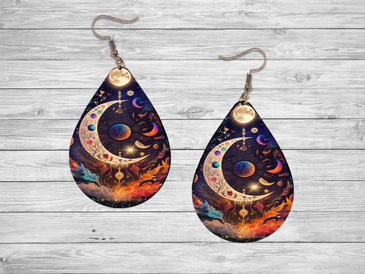 Celestial Moon Print Tear Drop Wood Dangle Earrings Hypoallergenic Jewelry