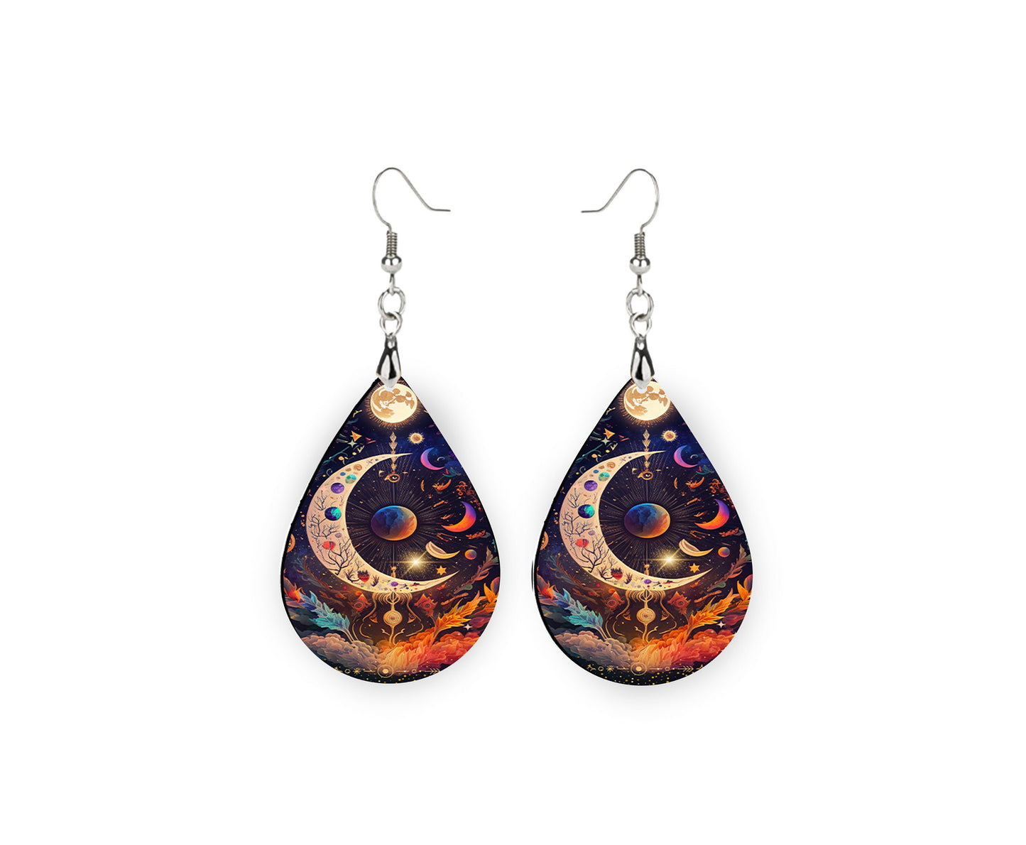 Celestial Moon Print Tear Drop Wood Dangle Earrings Hypoallergenic Jewelry